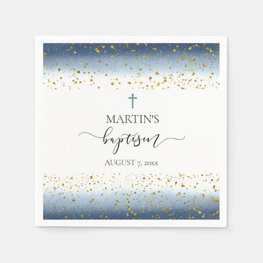 ブルーウォーターフェイクカラー金ゴールドフォイル詳細バプテスマ スタンダードカクテルナプキン (正面)