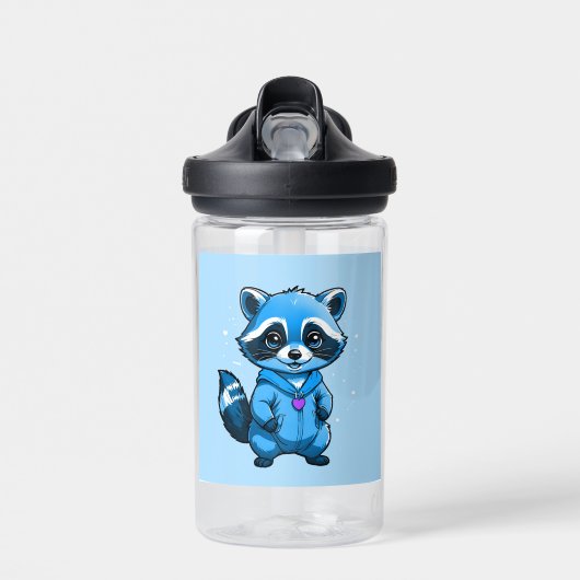 ブルーウォーターボトルに入った小さなアライグマ ウォーターボトル (正面)
