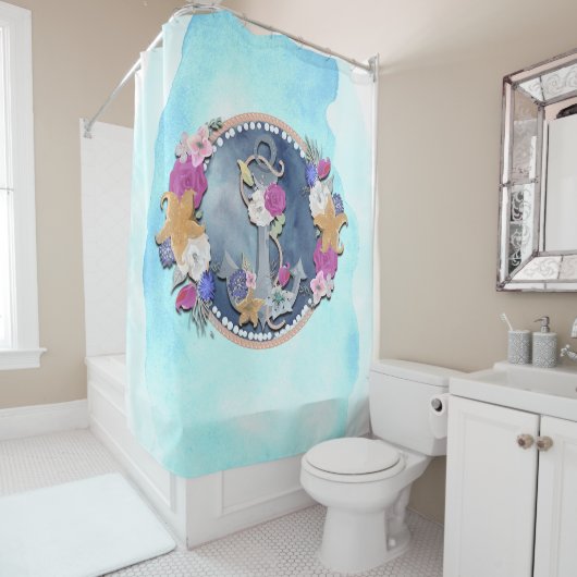 ブルーウォーターモダンカラー航海のフローラいかり シャワーカーテン (インサイチュ)