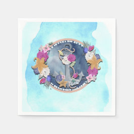 ブルーウォーターモダンカラー航海のフローラいかり スタンダードカクテルナプキン