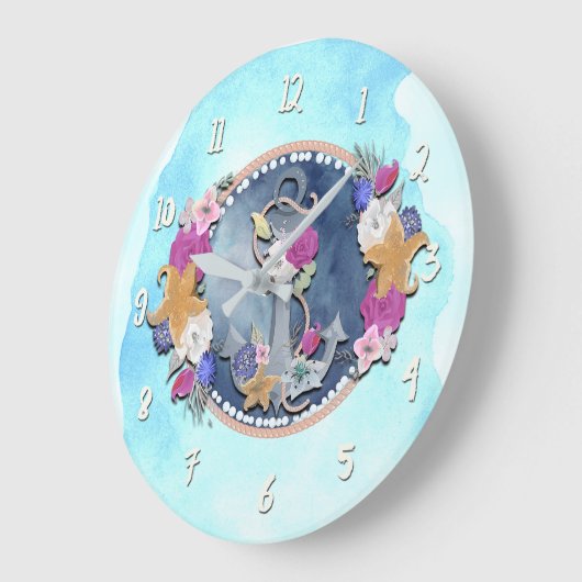 ブルーウォーターモダンカラー航海のフローラいかり ラージ壁時計 (傾斜)