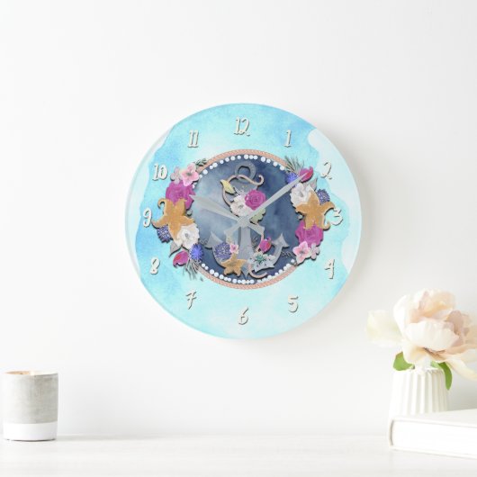 ブルーウォーターモダンカラー航海のフローラいかり ラージ壁時計 (ホーム)
