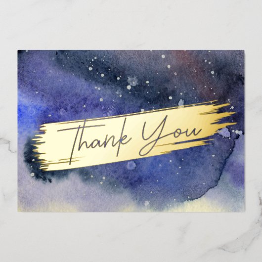 ブルーウォーターモダンカラー金ゴールドスクリプトシックありがとう 箔シーズンカード (正面)