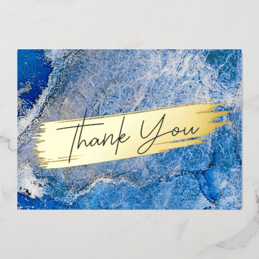 ブルーウォーターモダンカラー金ゴールド大理石シックありがとう 箔シーズンカード (正面)