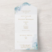 ブルーウォーターモダンカラー金ゴールド結婚ズ オールインワン招待状 (内側)