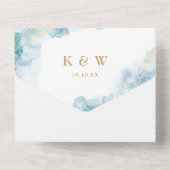 ブルーウォーターモダンカラー金ゴールド結婚ズ オールインワン招待状 (裏面)