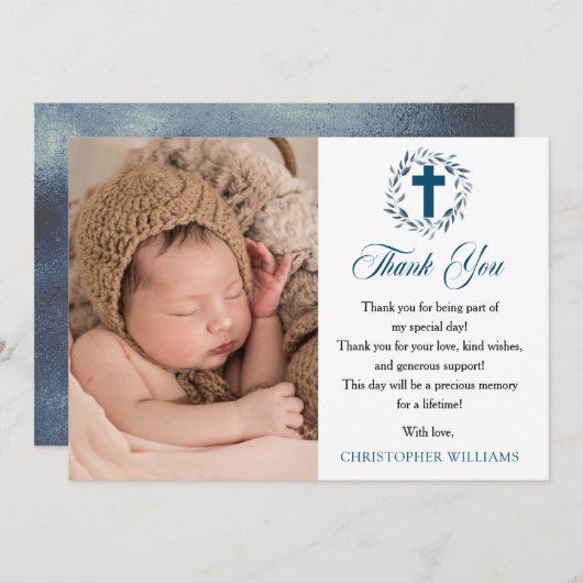 ブルーウォーターリースボーイフォトバプテスマありがとう サンキューカード (正面/裏面)