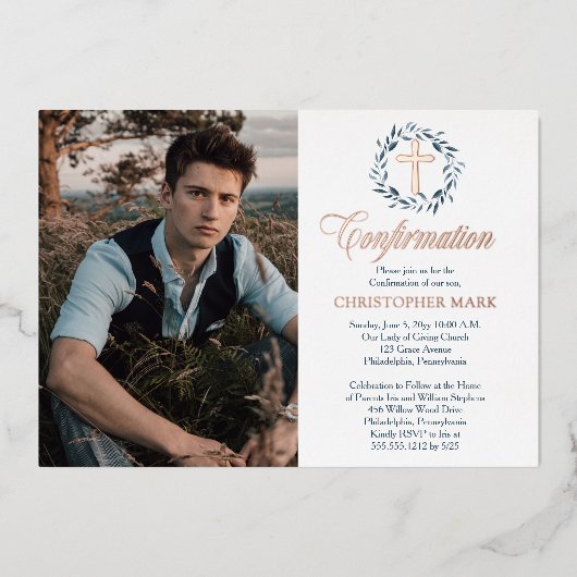 ブルーウォーターリースボーイフォト確認 箔招待状 (正面)