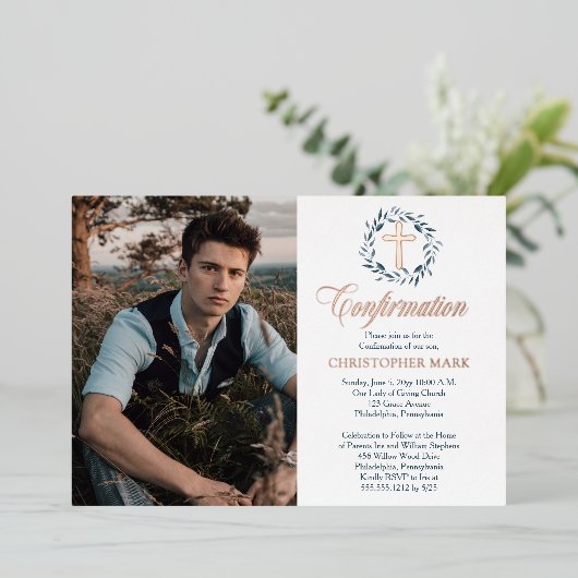 ブルーウォーターリースボーイフォト確認 箔招待状 (立ち正面)