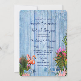 ブルーウォーター小石&ピンクフラミンゴ 招待状