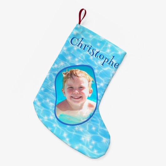 ブルーウォーター泳ぐ人サーファーダイバーウォーターポロ写真 スモールクリスマスストッキング (正面 (吊り時))