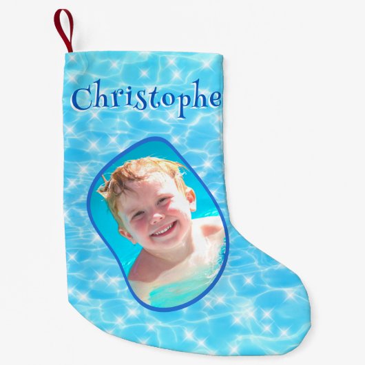 ブルーウォーター泳ぐ人サーファーダイバーウォーターポロ写真 スモールクリスマスストッキング (正面)