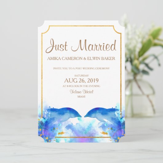 ブルーウォーター結婚カラードルフィンのお知らせカード 招待状 (スタンド正面)