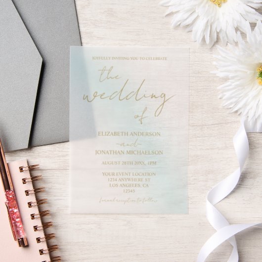 ブルーウォーター結婚カラー波 ベラム紙招待状 (ウェディング)