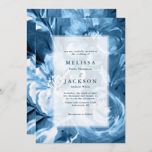 ブルーウォーター結婚カラー花デザイン 招待状 (正面/裏面)