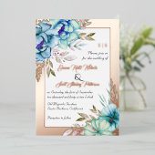ブルーウォーター結婚カラー花バラ金ゴールド箔 箔招待状 (立ち正面)