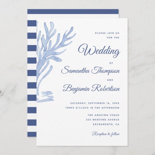 ブルーウォーター航海のカラー結婚ビーチテーマ 招待状 (正面/裏面)