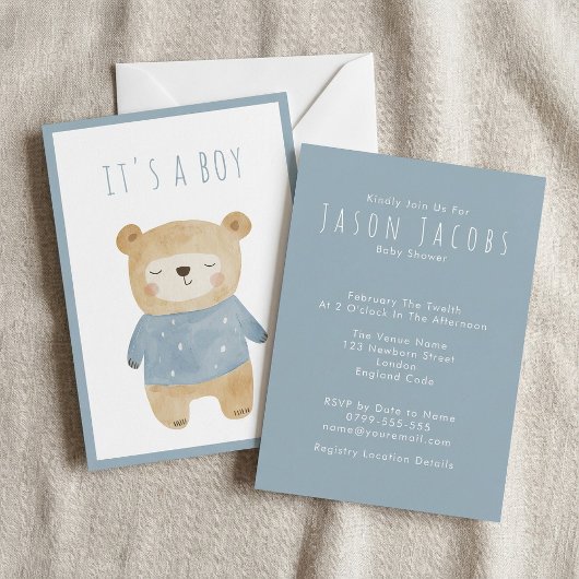 ブルーウォーター色かわいい眠いテディベア赤ちゃんシャワー 招待状