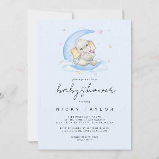 ブルーウォーター色かわいい象の赤ちゃんシャワー 招待状 (正面)