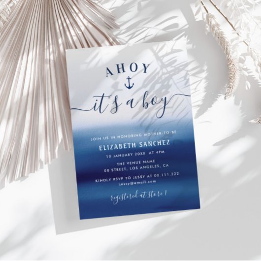 ブルーウォーター色のいかりベビーシャワー 招待状