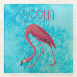 ブルーウォーター色のオードボンピンクフラミンゴ ガラスコースター