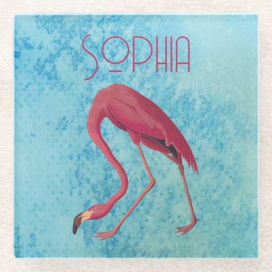 ブルーウォーター色のオードボンピンクフラミンゴ ガラスコースター (正面)