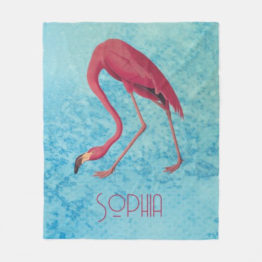 ブルーウォーター色のオードボンピンクフラミンゴ フリースブランケット (正面)