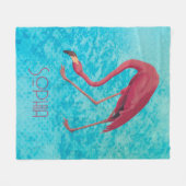 ブルーウォーター色のオードボンピンクフラミンゴ フリースブランケット (正面(横))