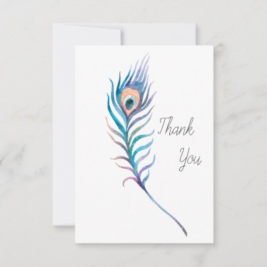 ブルーウォーター色のクジャク羽根イラストレーション サンキューカード (正面)