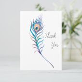 ブルーウォーター色のクジャク羽根イラストレーション サンキューカード (スタンド正面)