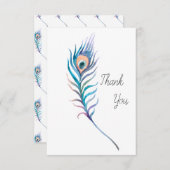 ブルーウォーター色のクジャク羽根イラストレーション サンキューカード (正面/裏面)