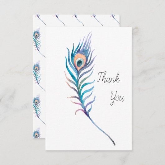 ブルーウォーター色のクジャク羽根イラストレーション サンキューカード (正面/裏面)