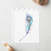 ブルーウォーター色のクジャク羽根イラストレーション ノートカード (正面/裏面インサイチュ)