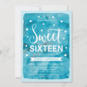 ブルーウォーター色のハートスウィート16誕生日パーティー 招待状 (正面)
