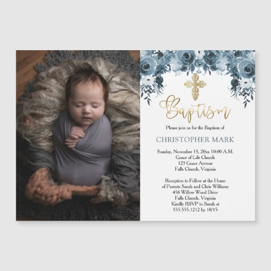 ブルーウォーター色のフローラフェイク金ゴールドボーイフォトバプテスマ マグネット招待状 (正面)