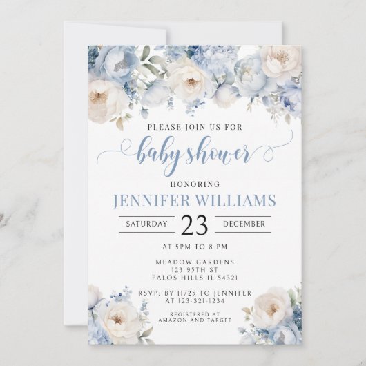 ブルーウォーター色のフローラ男の赤ちゃんのシャワー招待 招待状 (正面)