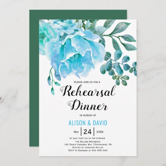 ブルーウォーター色のフローラ結婚のリハーサルディナー 招待状 (正面/裏面)