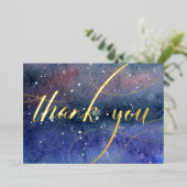 ブルーウォーター色のモダン金ゴールド天体ありがとう 箔シーズンカード (立ち正面)