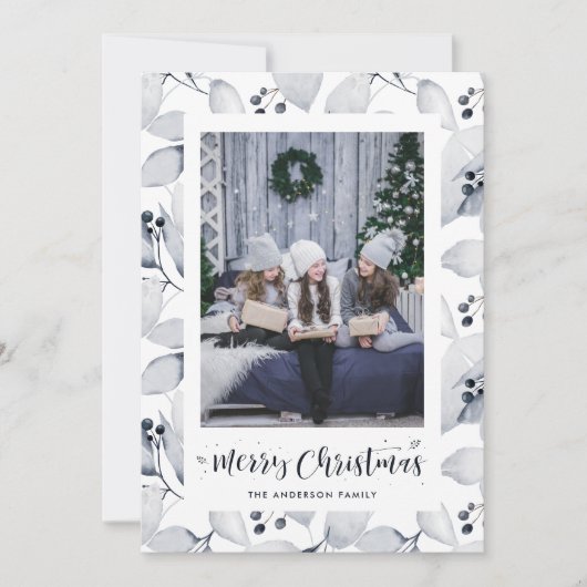 ブルーウォーター色の冬の葉クリスマスカード シーズンカード (正面)