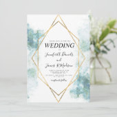 ブルーウォーター色の幾何学的金ゴールド結婚フレーム 招待状 (スタンド正面)