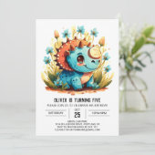 ブルーウォーター色の恐竜ボーイ誕生日 招待状 (スタンド正面)