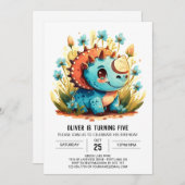 ブルーウォーター色の恐竜ボーイ誕生日 招待状 (正面/裏面)