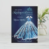 ブルーウォーター色の手描きボールのドレスQuince 招待状 (スタンド正面)