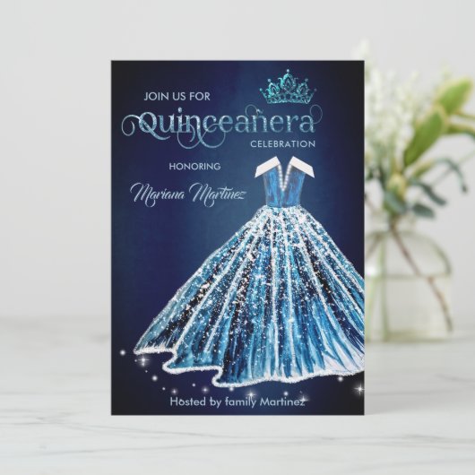 ブルーウォーター色の手描きボールのドレスQuince 招待状 (スタンド正面)