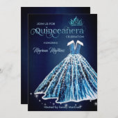 ブルーウォーター色の手描きボールのドレスQuince 招待状 (正面/裏面)