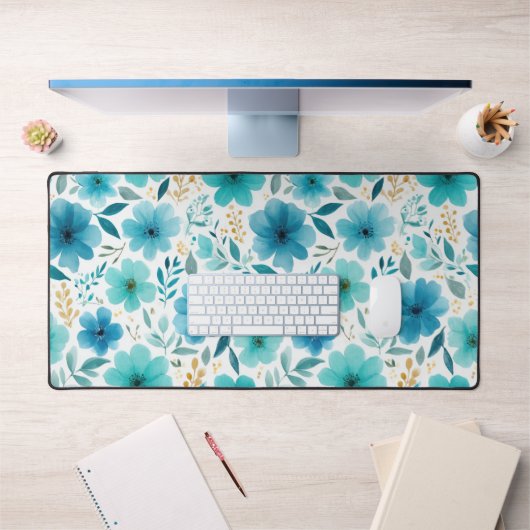 ブルーウォーター色の春の花エレガントフローラ デスクマット (オフィス1)