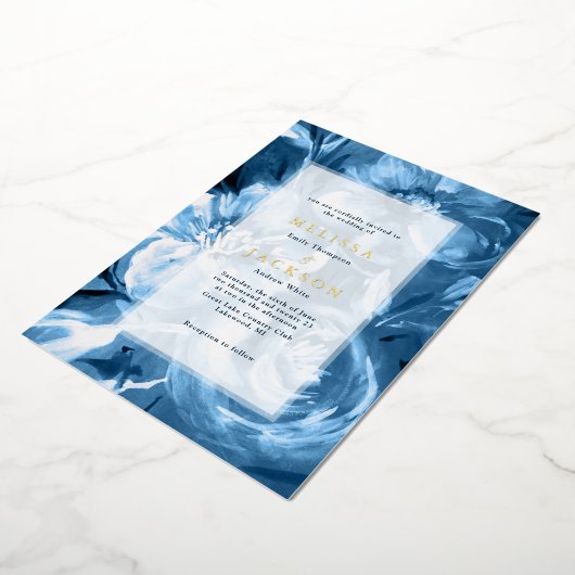 ブルーウォーター色の結婚花 箔招待状 (回転した状態)