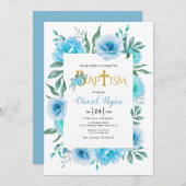 ブルーウォーター色の花ボーイフローラバプテスマ 招待状 (正面/裏面)