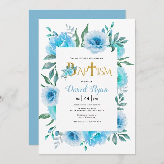 ブルーウォーター色の花ボーイフローラバプテスマ 招待状 (正面/裏面)