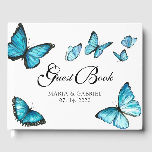 ブルーウォーター色の蝶結婚ズゲストブック ゲストブック (正面)